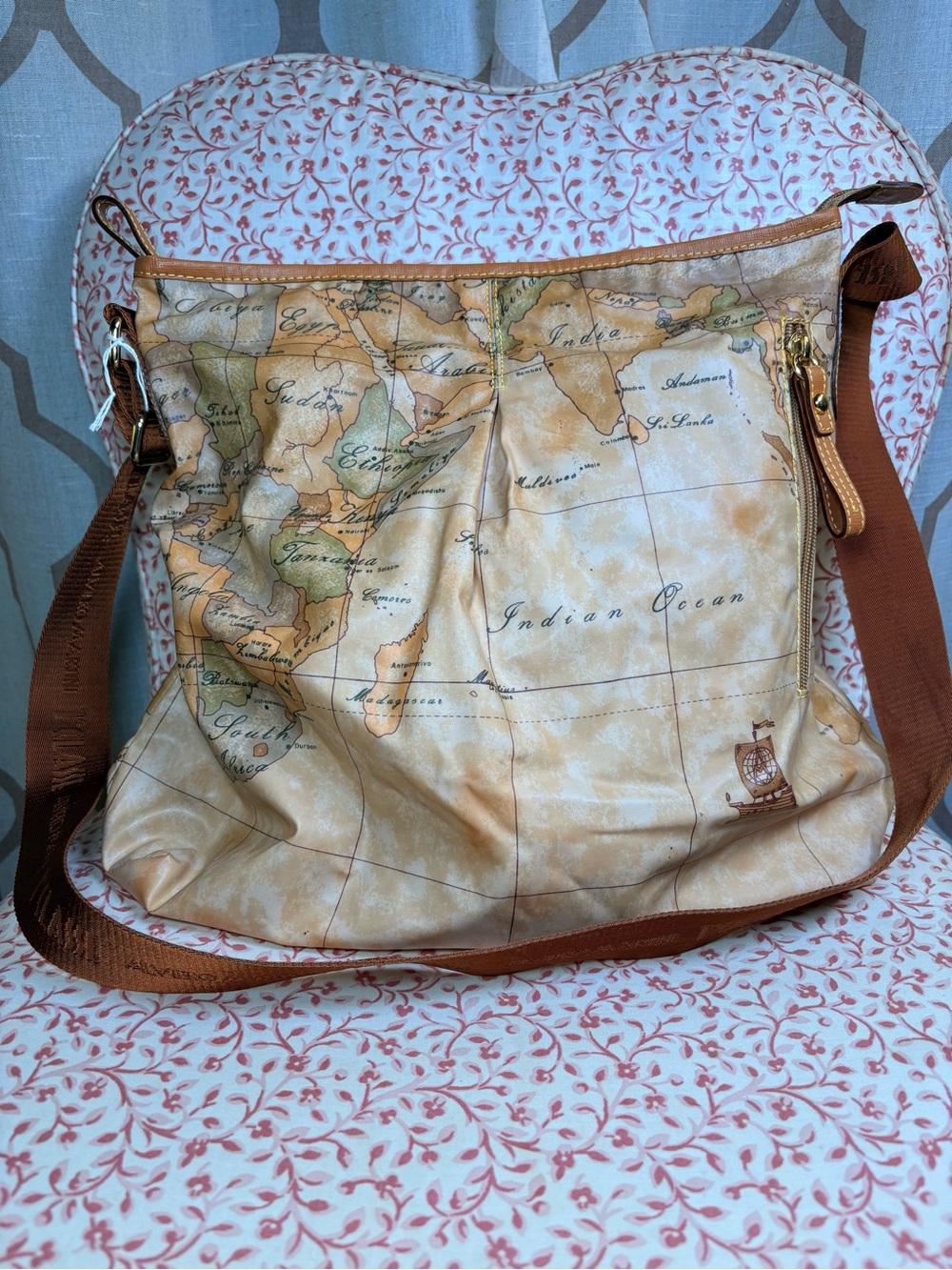 Alviero Martini Map-Print Crossbody in Tan and Brown